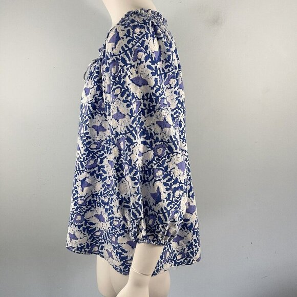 C & C California Linen Blend Top Blue Floral Peasant Blouse Shirt Size Large - Picture 8 of 13